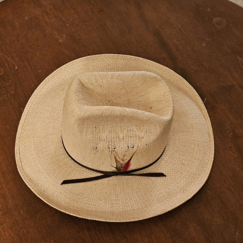 Vintage Cream Straw Cowboy Hat with Feather Accent - Miller Bros Sz 7 & 7 1/4